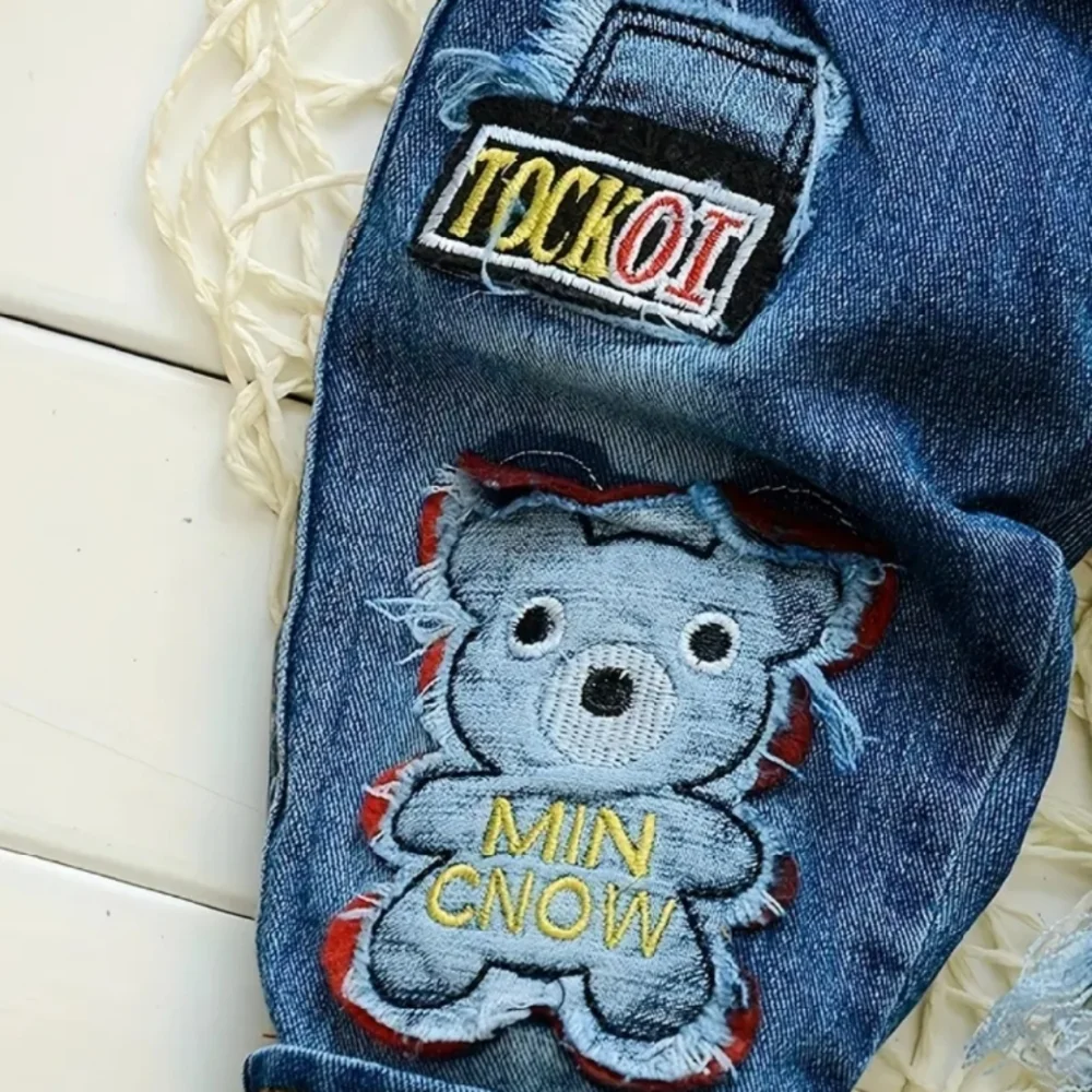 Toddler Blue Denim OVERALLS with Distressing & Patches BRAND NEW